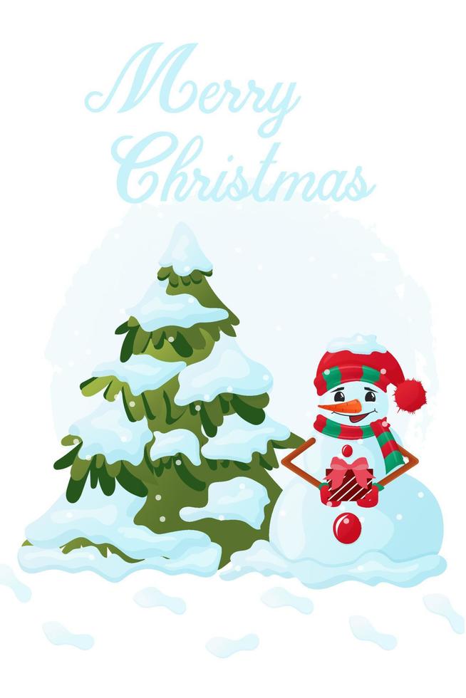 blij sneeuwman in de buurt de Kerstmis boom.vrolijk kerstmis. vector afbeelding.