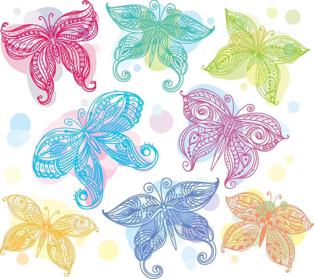 reeks van vlinders in tekening zentangle stijl vector