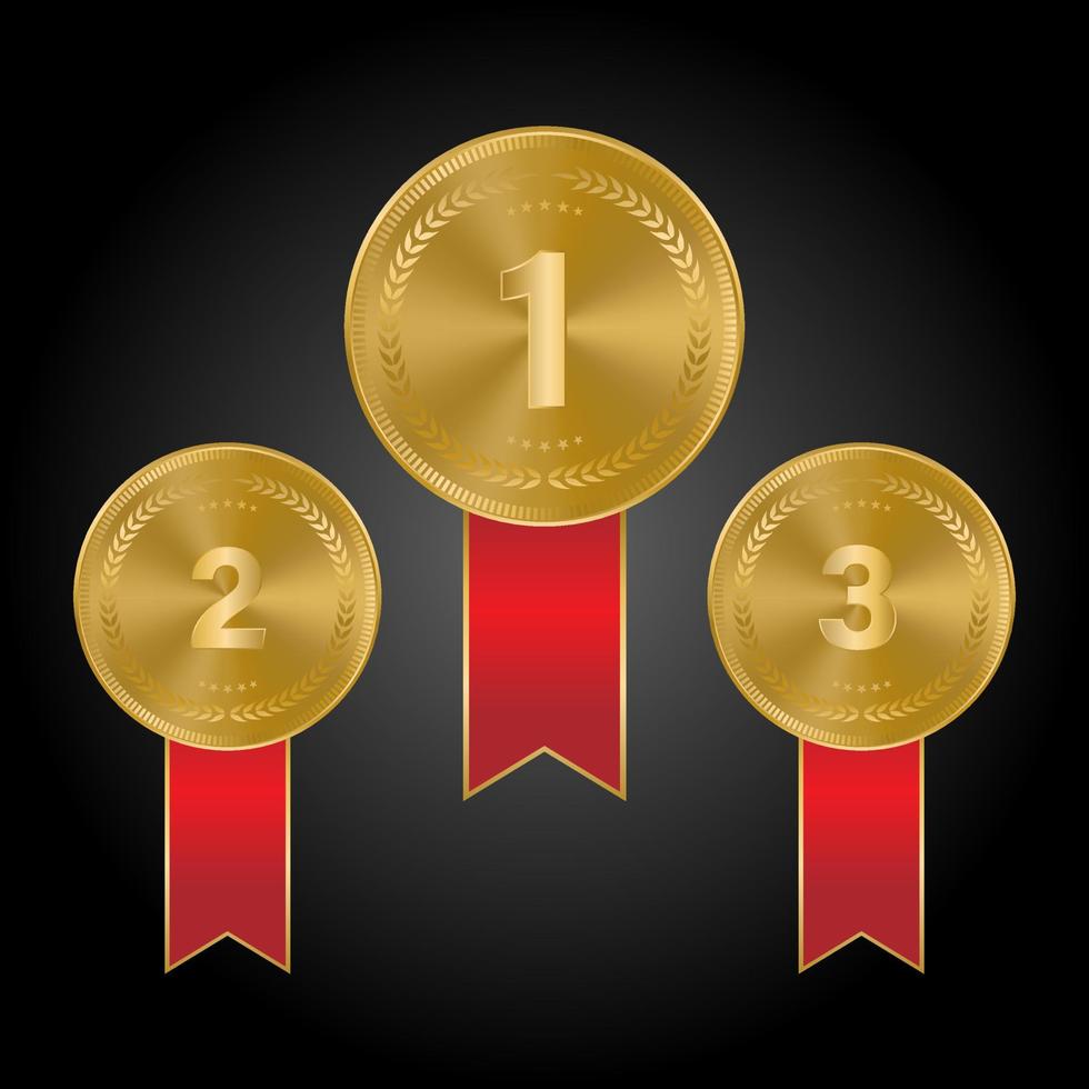 1e, 2e, 3e sport- prijzen drie medailles, goud geïsoleerd Aan een zwart achtergrond, vector illustratie