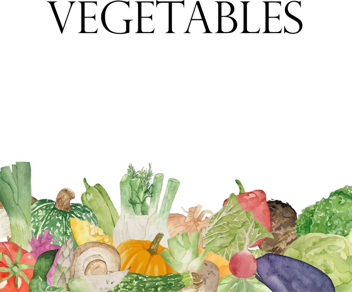 waterverf grens met divers groenten Aan wit achtergrond vlak indeling. concept van gezond aan het eten, voedsel achtergrond. kader van groenten vector