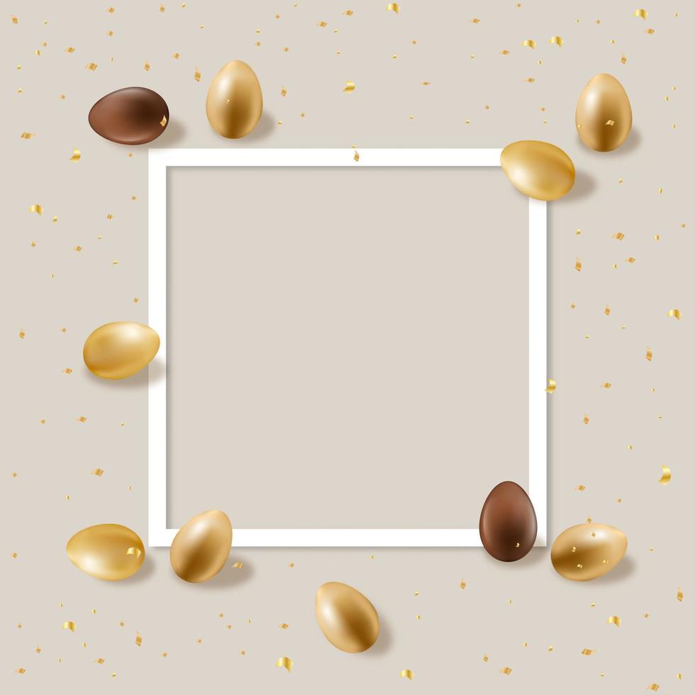 Pasen achtergrond met chocola eieren decoratie, bovenaan visie ontwerp sjabloon met 3d goud Pasen eieren en wit kader Aan beige achtergrond, vector vlak leggen samenstelling met kopiëren ruimte voor tekst