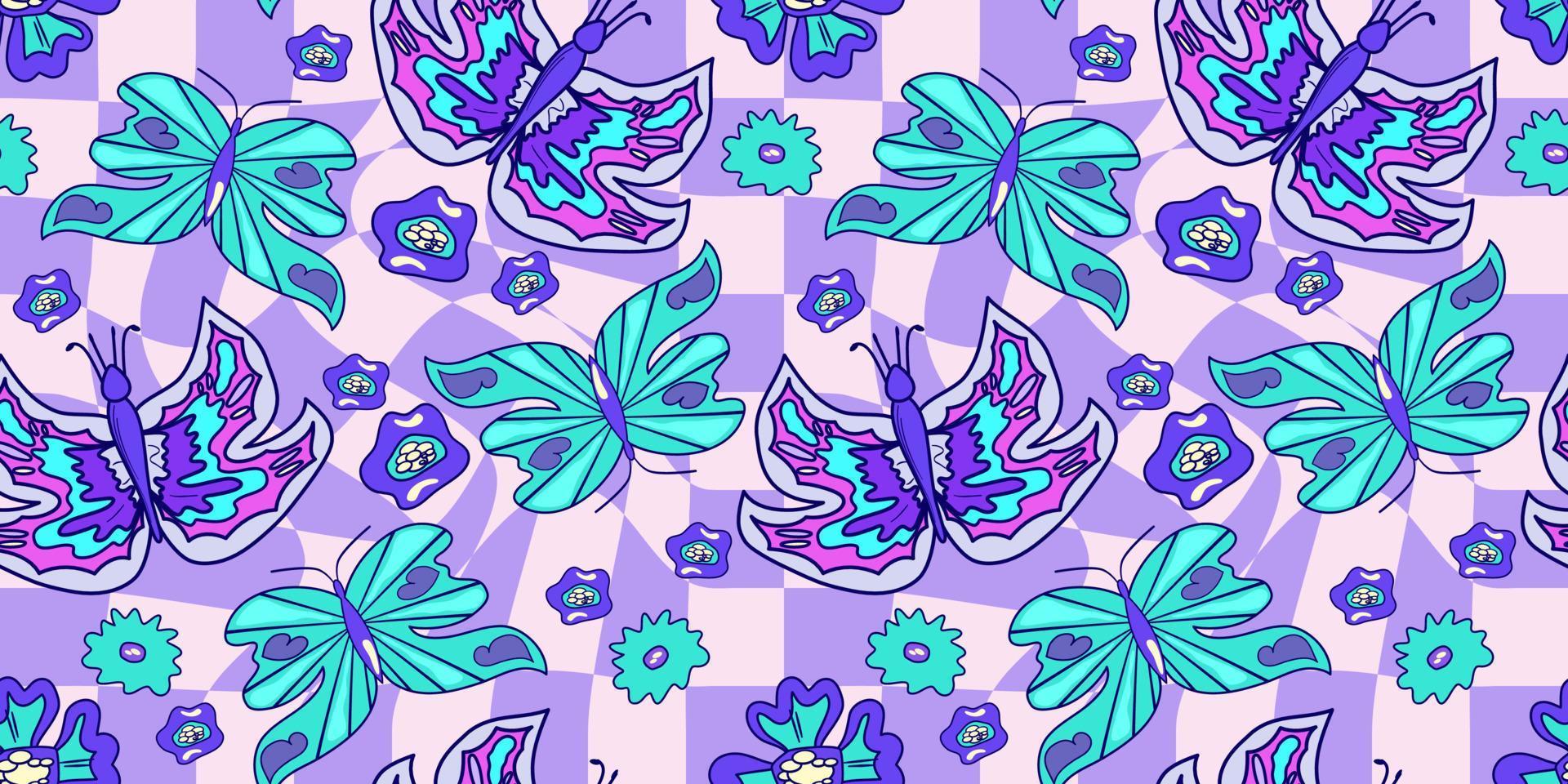 naadloos bloem en vlinder trippy psychedelisch patroon. Purper psychedelisch naadloos patroon. magie bloemen madeliefje afdrukken. trippy ontwerp hippie bloemen vlak illustratie. retro y2k afdrukken vector