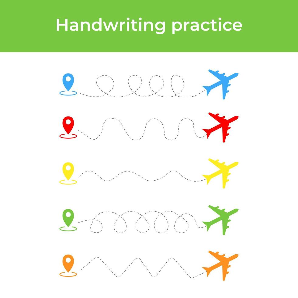 handschrift praktijk vel met vliegtuig. leerzaam kinderen spel. traceren lijnen. vroeg onderwijs werkblad voor kinderen vector