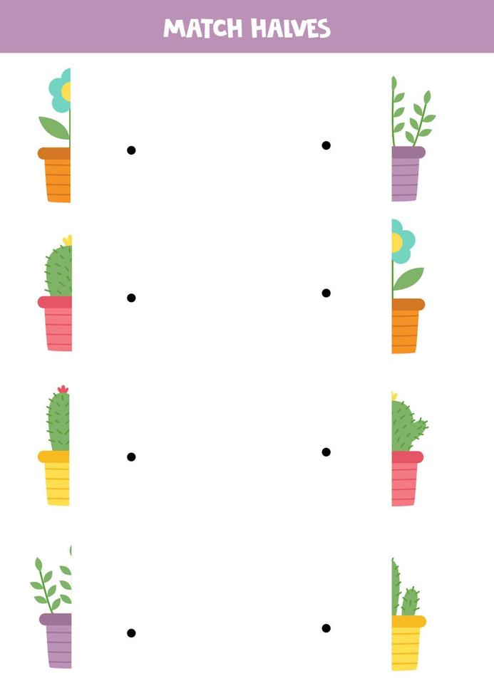 bij elkaar passen onderdelen van schattig bloemen in potten. logisch spel voor kinderen. vector