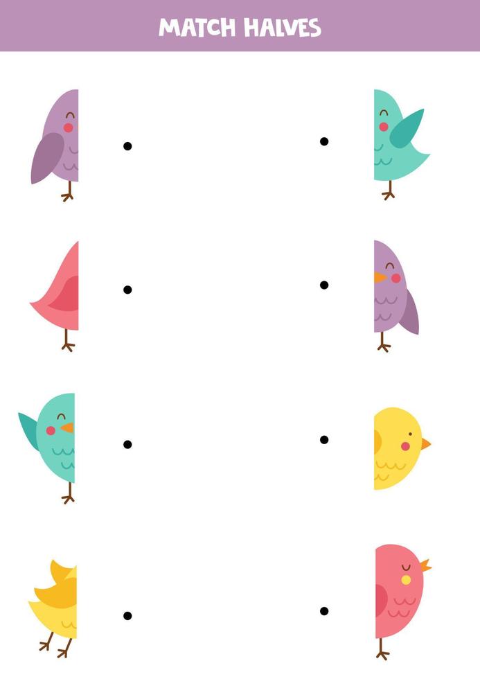 bij elkaar passen onderdelen van schattig kleurrijk vogels. logisch spel voor kinderen. vector