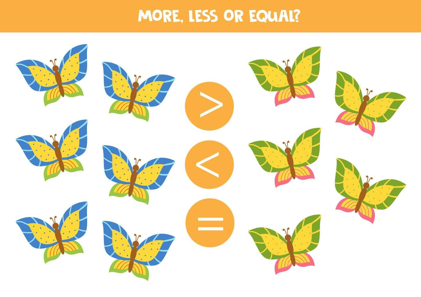 meer, minder, Gelijk met schattig tekenfilm vlinders. wiskunde spel voor kinderen. vector
