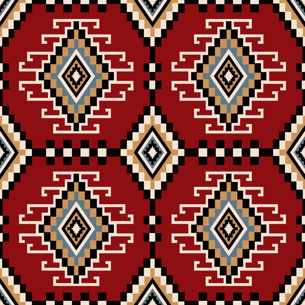kleurrijk etnisch meetkundig plein patroon. aztec kilim meetkundig diamant vorm in plein patroon Aan rood kleur achtergrond. gebruik voor kleding stof, textiel, huis decoratie elementen, bekleding, inpakken. vector