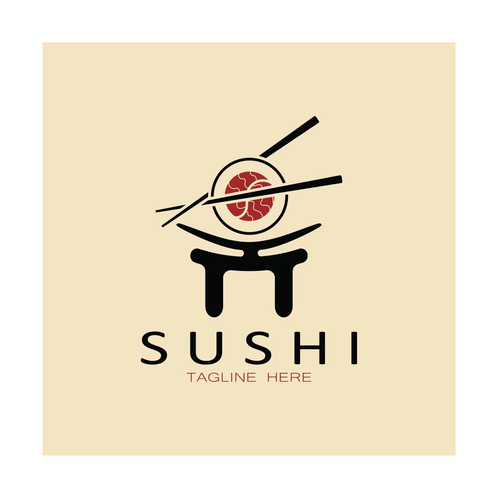 sushi logo template.vector pictogram stijl illustratie bar of winkel, sushi, zalm roll, sushi en broodjes met eetstokje bar of restaurant vector logo sjabloon