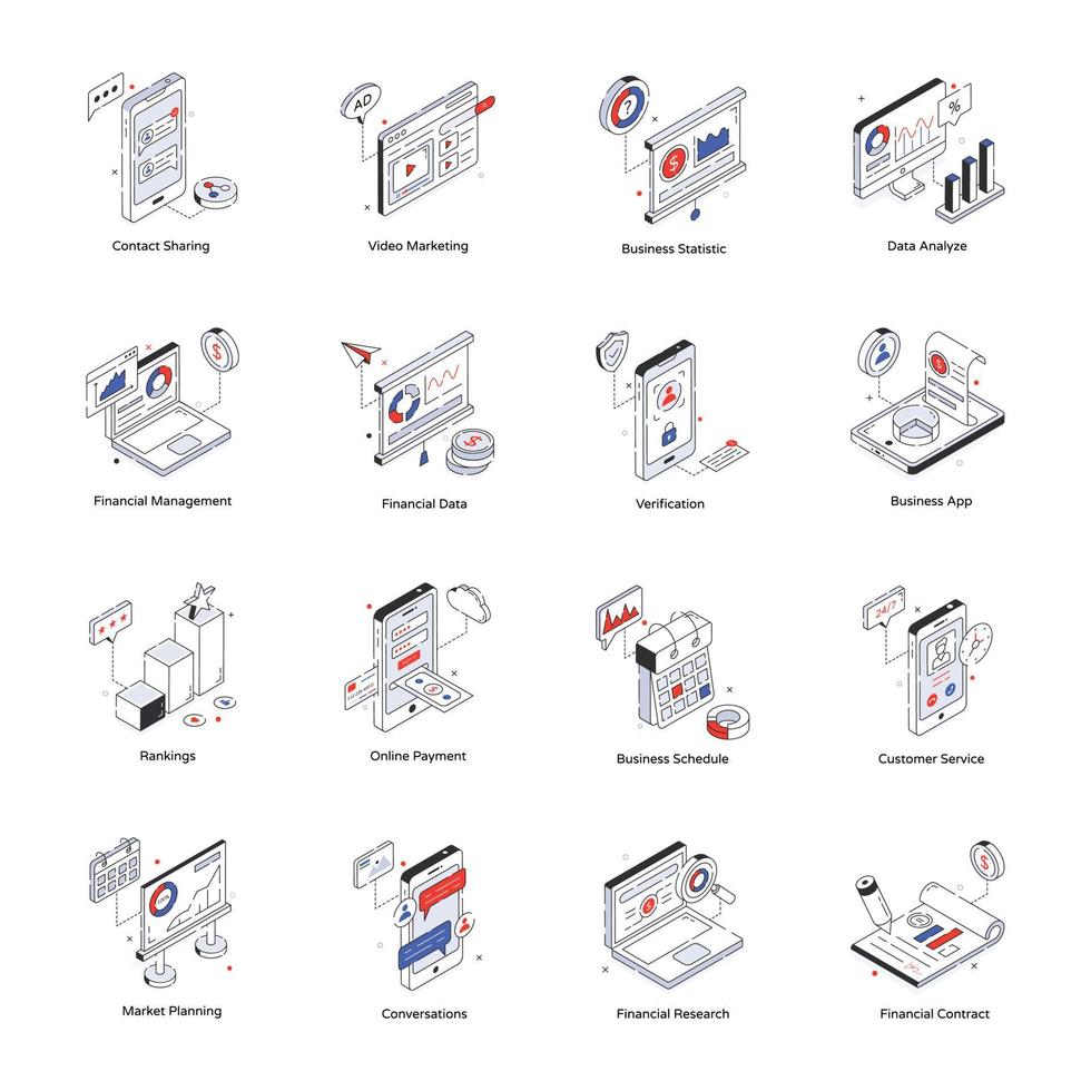 pak van markt analyse isometrische pictogrammen vector