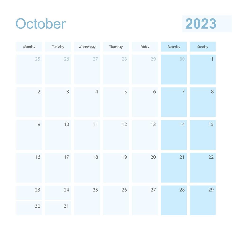 2023 oktober muur ontwerper in blauw pastel kleur, week begint Aan maandag. vector