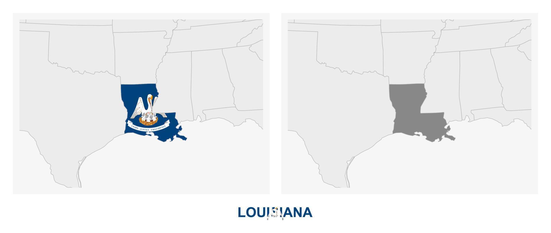 twee versies van de kaart van ons staat louisiana, met de vlag van Louisiana en gemarkeerd in donker grijs. vector