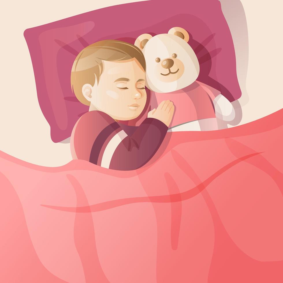 top visie van baby slapen in de bed met teddy beer. vector