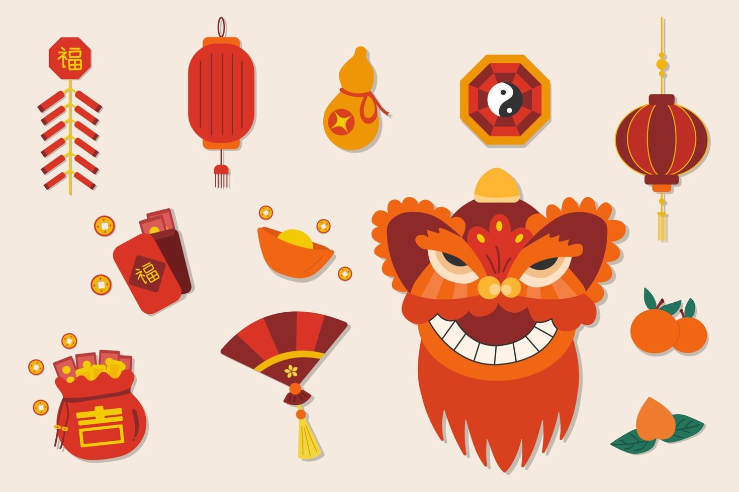 viering Chinese nieuw jaar pictogrammen vakantie reeks vlak ontwerp vector illustratie en Chinese woord gemeen gelukkig.