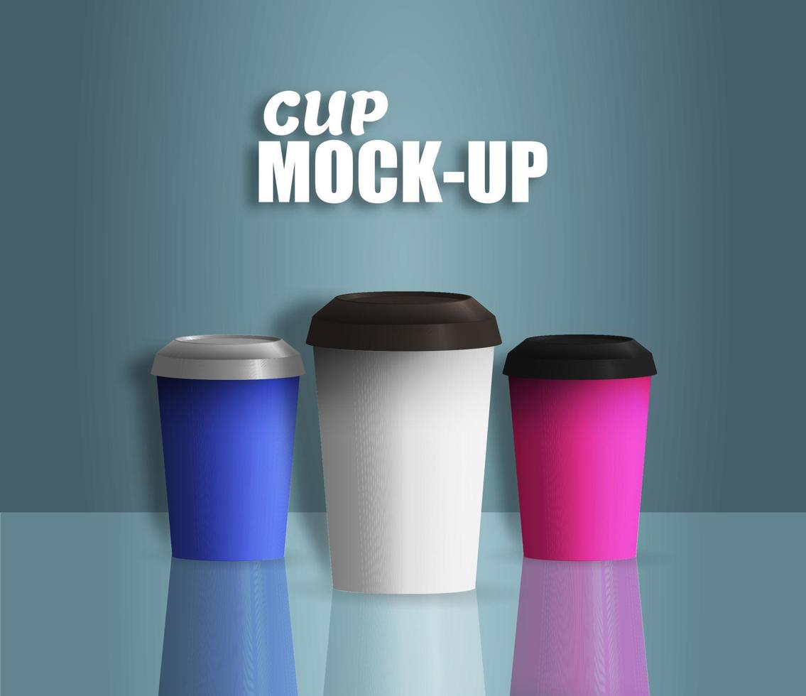 Gesloten papier kop set. verzameling van plastic cups met dekt, voorkant visie mockup ontwerp Sjablonen. 3d vector realistisch illustratie