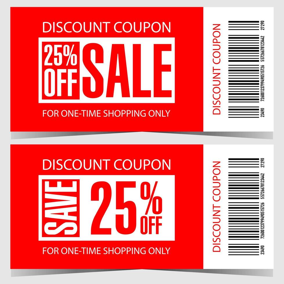 korting coupon voor uitverkoop Promotie naar opslaan geld gedurende de boodschappen doen seizoen. vector illustratie van prijs korting ticket, klauw, teken, folder of tegoedbon met bar code in wit en rood kleuren.