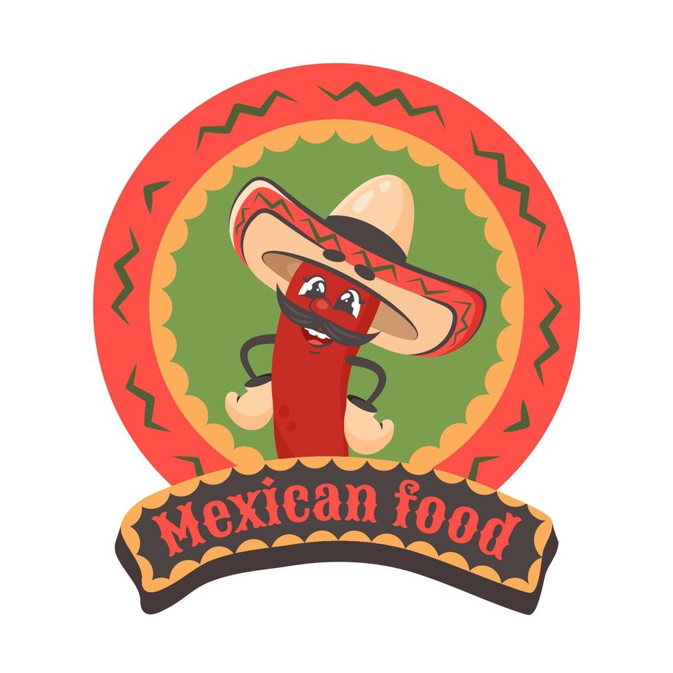 tekenfilm grappig karakter chili peper met sombrero. Latijns-Amerikaans element. Mexicaans voedsel tekst. tekening getrokken vector illustratie voor borden, menu, poster, folder, banier, levering, Koken concept