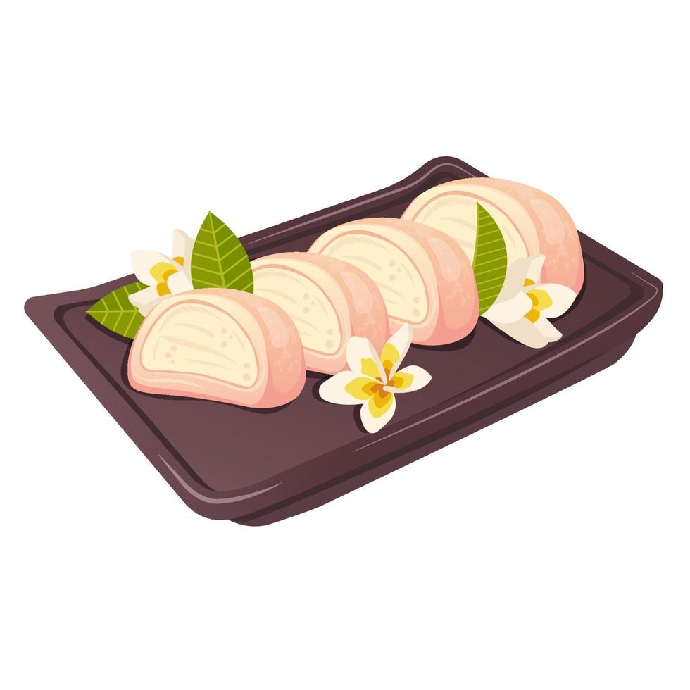 gehalveerd mochi taart met kers bloesems Aan Chinese porselein bord. Japans voedsel. vector vlak getrokken illustratie voor restaurant borden, menu, poster, folder, banier, nagerecht, Koken concept