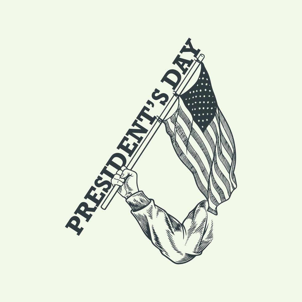 president dag hand- getrokken wijnoogst elementen met hand- houden Amerikaans vlag geïsoleerd Aan wit achtergrond. vector