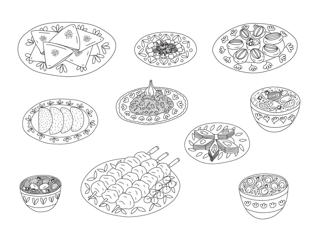 centraal Aziatisch voedsel keuken gerechten vector set. verschillend soorten van centraal Aziatisch keuken samsa, shorpa, sjasliek, pilaf, Lagman soep en beshbarmak.