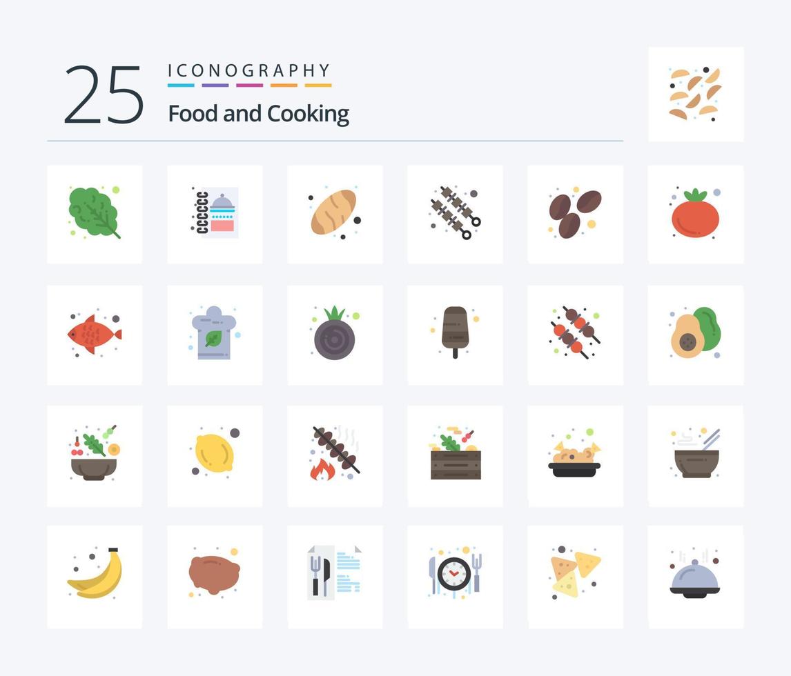 voedsel 25 vlak kleur icoon pak inclusief tomaat. voedsel. brood. koffie. kebab vector