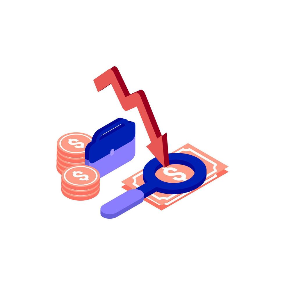 recessie bedrijf isometrische icoon illustratie kleur rood, blauw, Purper. conceptuele bedrijf verhaal. financieel crisis, economisch recessie, faillissement, depressie. vector