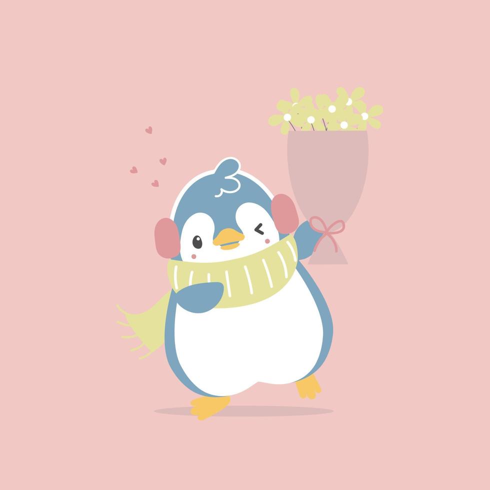 schattig en lief hand- getrokken pinguïn Holding bloem met hart, gelukkig Valentijnsdag dag, liefde concept, vlak vector illustratie tekenfilm karakter kostuum ontwerp