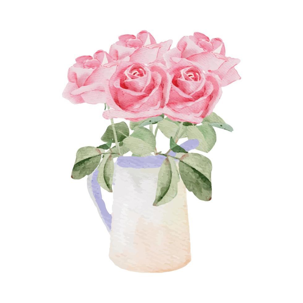 waterverf roze roos bloem boeket in pot vaas voor valentijnsdag dag vector
