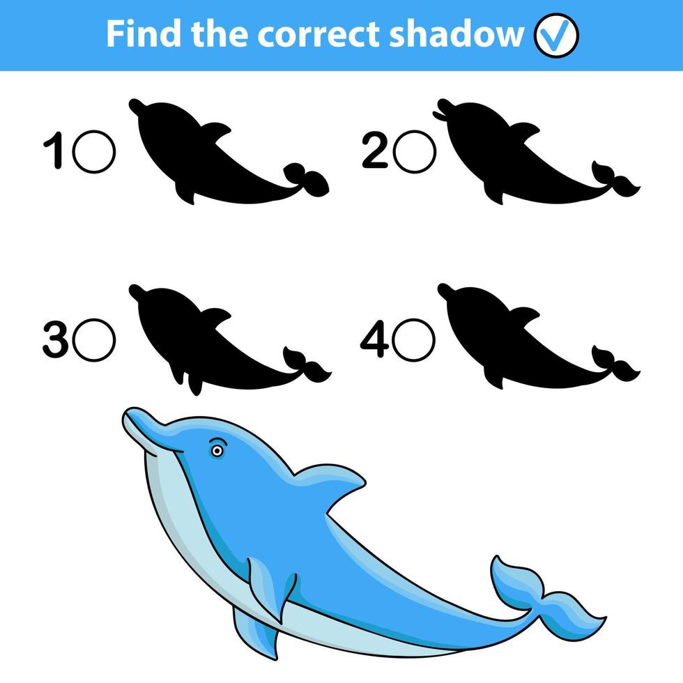 een kinderen leerzaam spel met dolfijnen gebeld vind de correct schaduw. vector illustratie