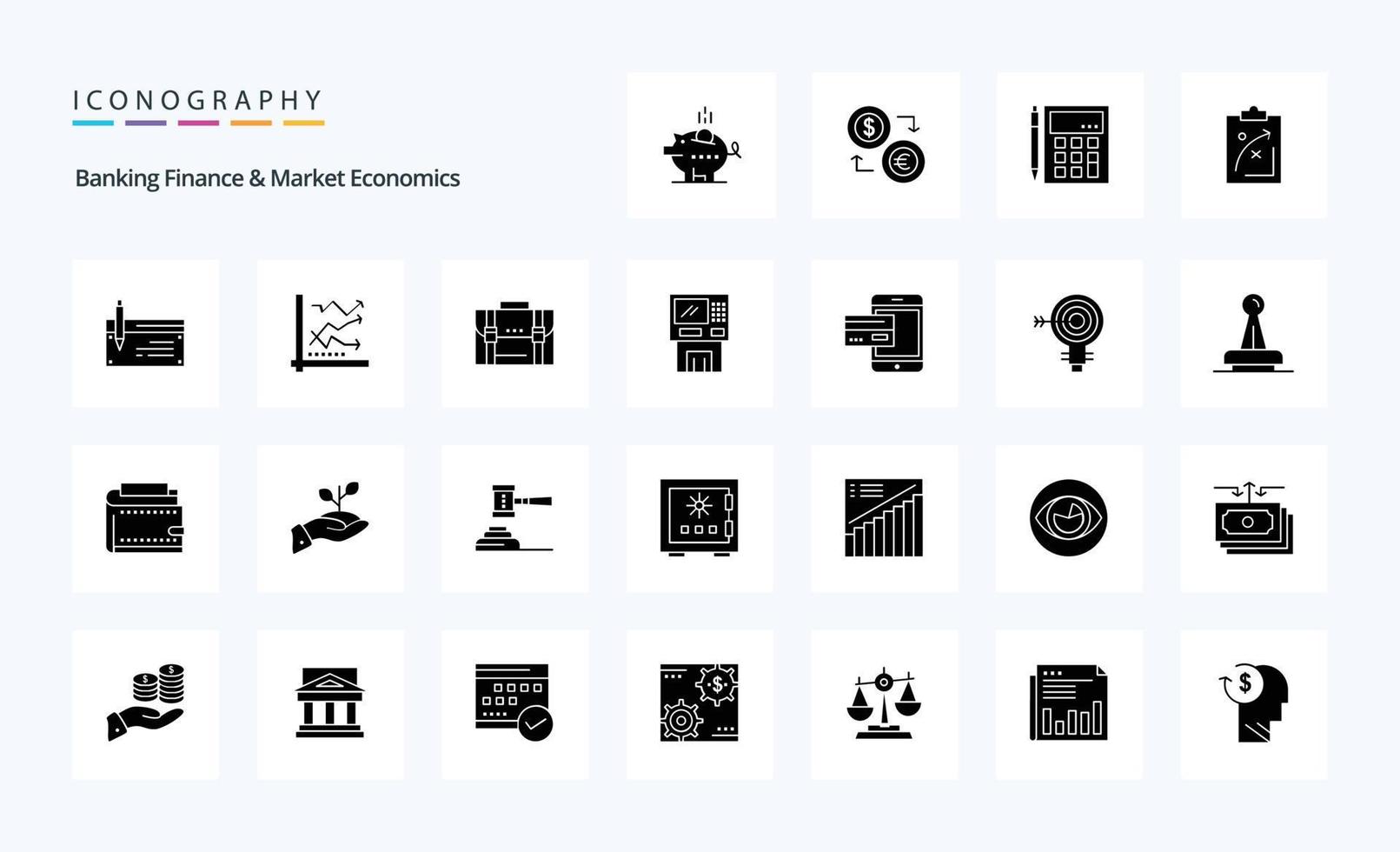 25 bank financiën en markt economie solide glyph icoon pak vector