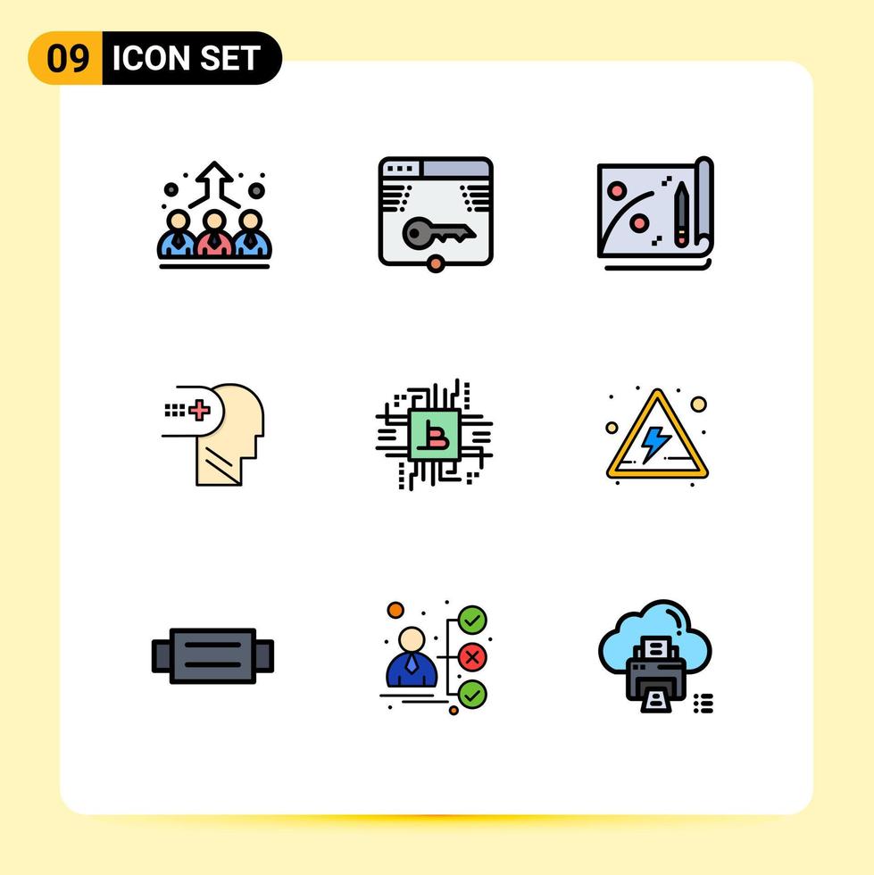 modern reeks van 9 gevulde lijn vlak kleuren pictogram van computer geest Log in medisch Gezondheid bewerkbare vector ontwerp elementen