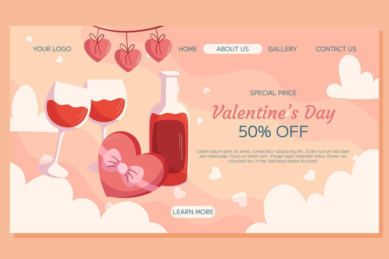 st. Valentijnsdag dag landen bladzijde sjabloon ontwerp. fles en twee glas van wijn, doos met chocolade in hart vorm met lint, harten slinger Aan top. speciaal prijs concept online boodschappen doen vector