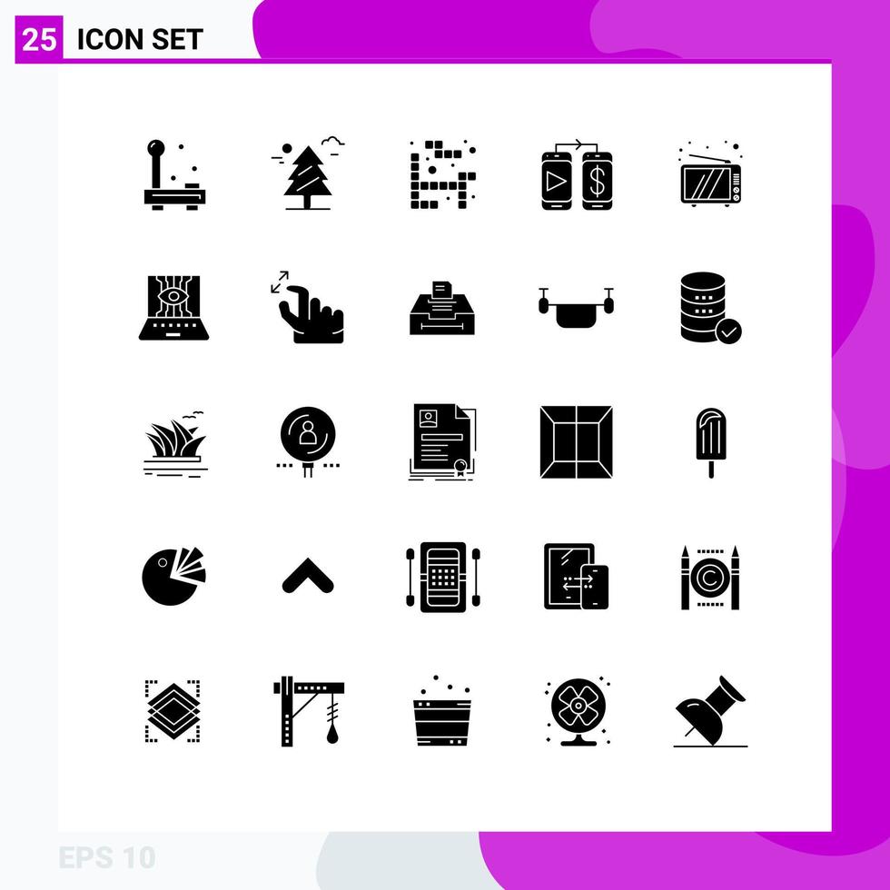 pictogram reeks van 25 gemakkelijk solide glyphs van TV retro Canada geld mobiel bewerkbare vector ontwerp elementen