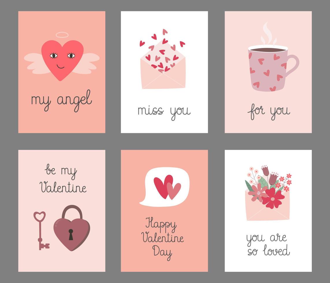 reeks van Valentijnsdag dag groet kaarten met hand- getrokken schattig elementen. sjabloon voor groet kaart, uitnodiging, poster, banier, geschenk label. vector