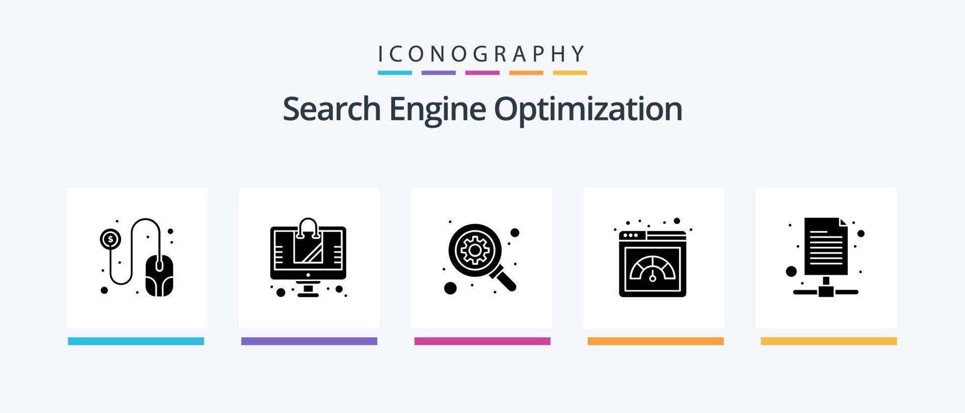 seo glyph 5 icoon pak inclusief server. document. zoeken. databank. prestatie. creatief pictogrammen ontwerp vector