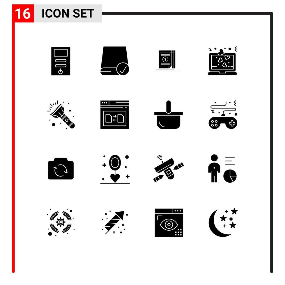 modern reeks van 16 solide glyphs en symbolen zo net zo flash liefde apparaatje laptop roman bewerkbare vector ontwerp elementen