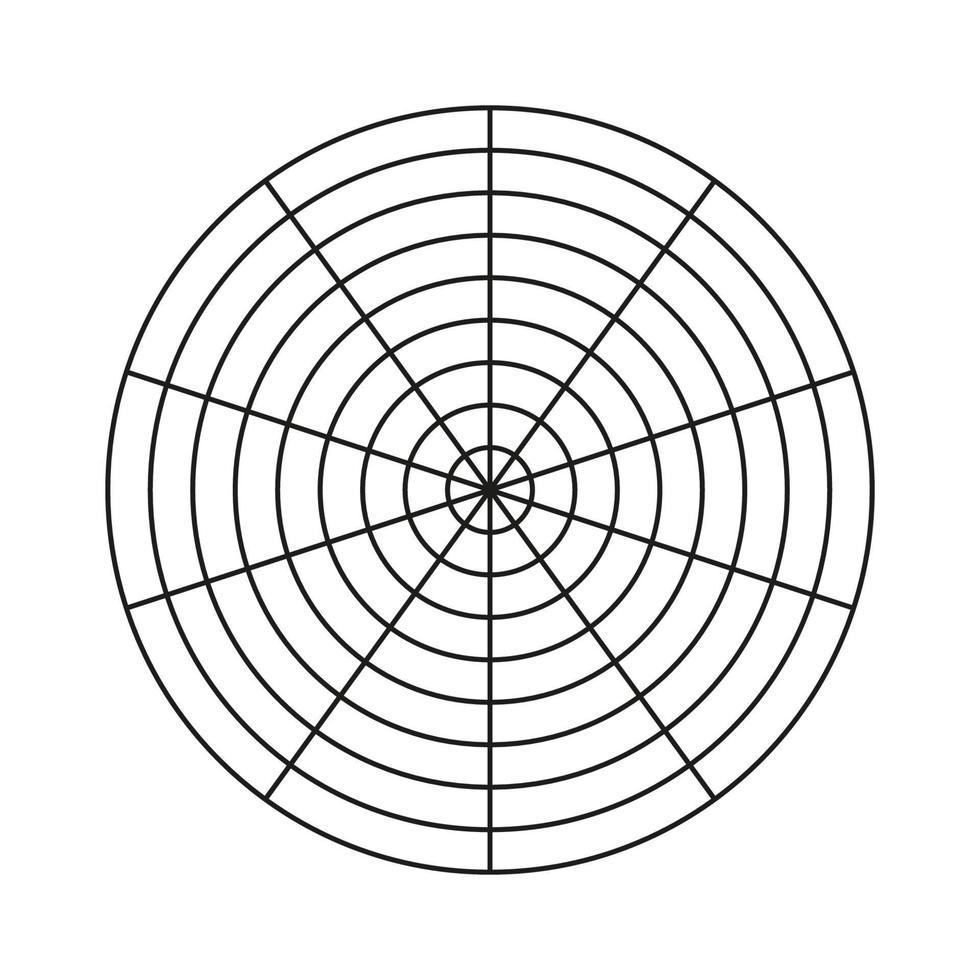 wiel van leven sjabloon. polair rooster van 10 segmenten en 8 concentrisch cirkels. gemakkelijk coaching gereedschap voor visualiseren allemaal gebieden van leven. blanco polair diagram papier. cirkel diagram van leven stijl evenwicht. vector