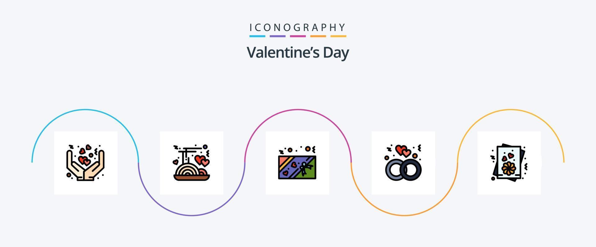 valentijnsdag dag lijn gevulde vlak 5 icoon pak inclusief valentijn. kaart. doos. bruiloft. liefde vector