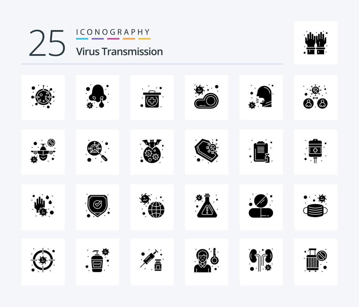 virus transmissie 25 solide glyph icoon pak inclusief covid. overdragen. noodgeval. vlees. bacterie vector