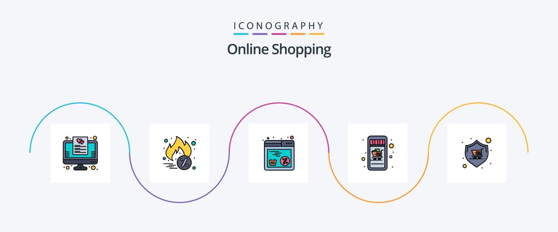 online boodschappen doen lijn gevulde vlak 5 icoon pak inclusief winkelen. kopen. korting. kar. mobiel boodschappen doen vector