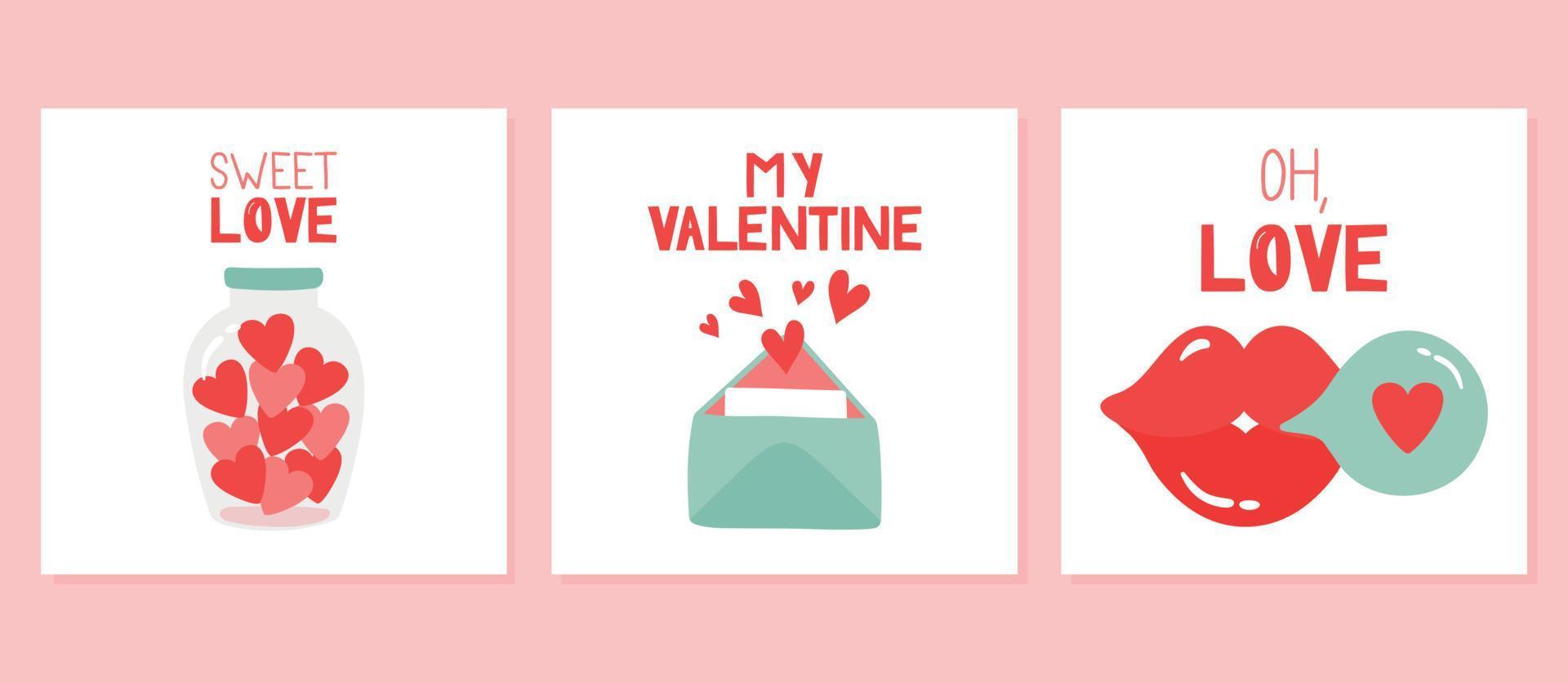 reeks van Valentijnsdag dag kaarten. getrokken posters en groet kaarten. vector groet kaarten voor Valentijnsdag dag met illustraties in vlak stijl.