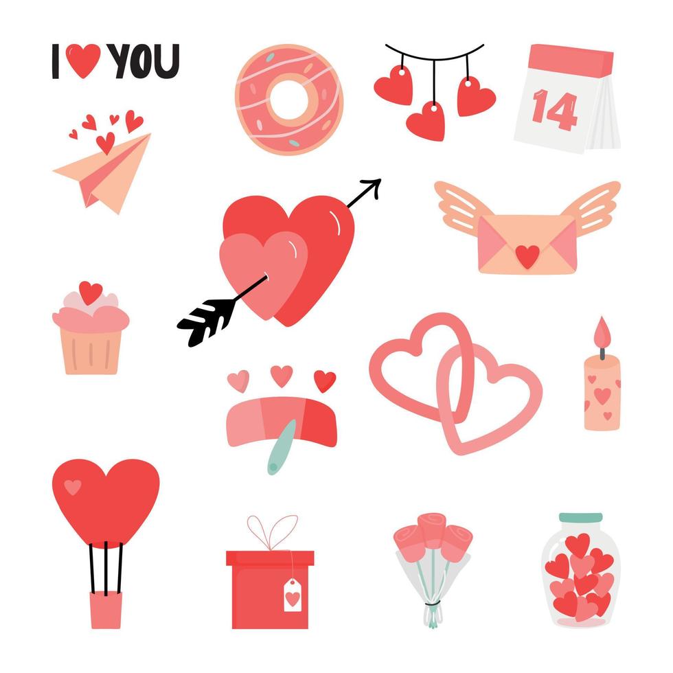 vector illustratie met schattig stickers pak in tekenfilm stijl met liefde symbolen voor Valentijnsdag dag. groot verzameling van klem kunsten.