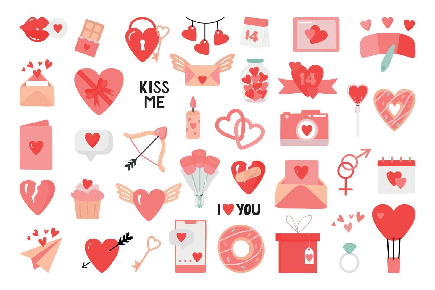 vector illustratie met schattig stickers pak in tekenfilm stijl met liefde symbolen voor Valentijnsdag dag. groot verzameling van klem kunsten.