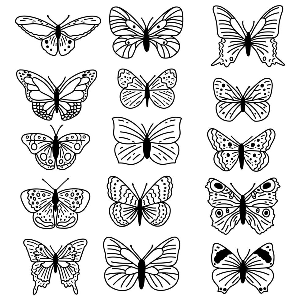 hand- getrokken tekening vlinders set. vector schetsen illustratie, zwart schets kunst verzameling van insect voor web ontwerp, icoon, afdrukken, kleur bladzijde