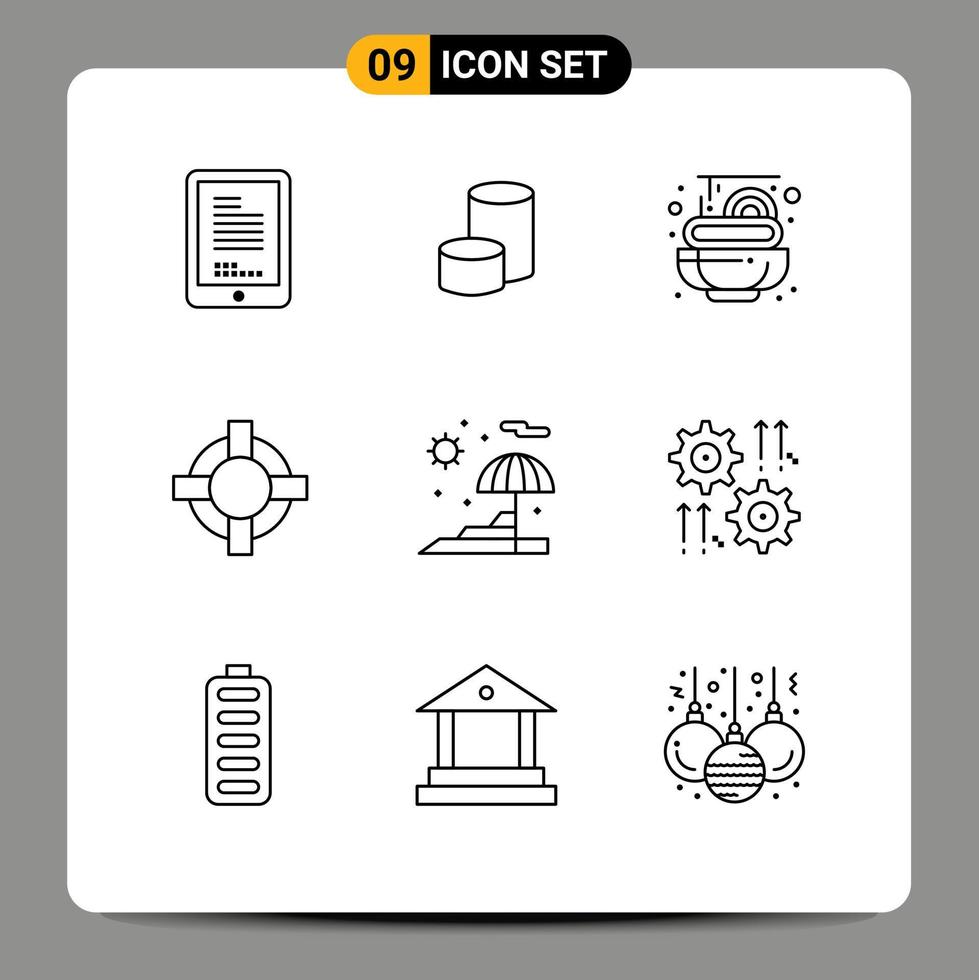 voorraad vector icoon pak van 9 lijn tekens en symbolen voor instelling paraplu voedsel strand redder in nood bewerkbare vector ontwerp elementen