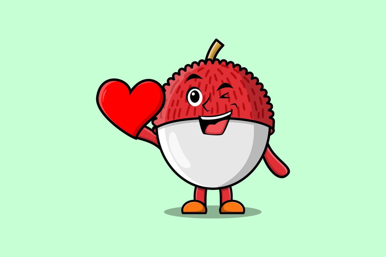 schattig tekenfilm lychee karakter houden groot rood hart vector