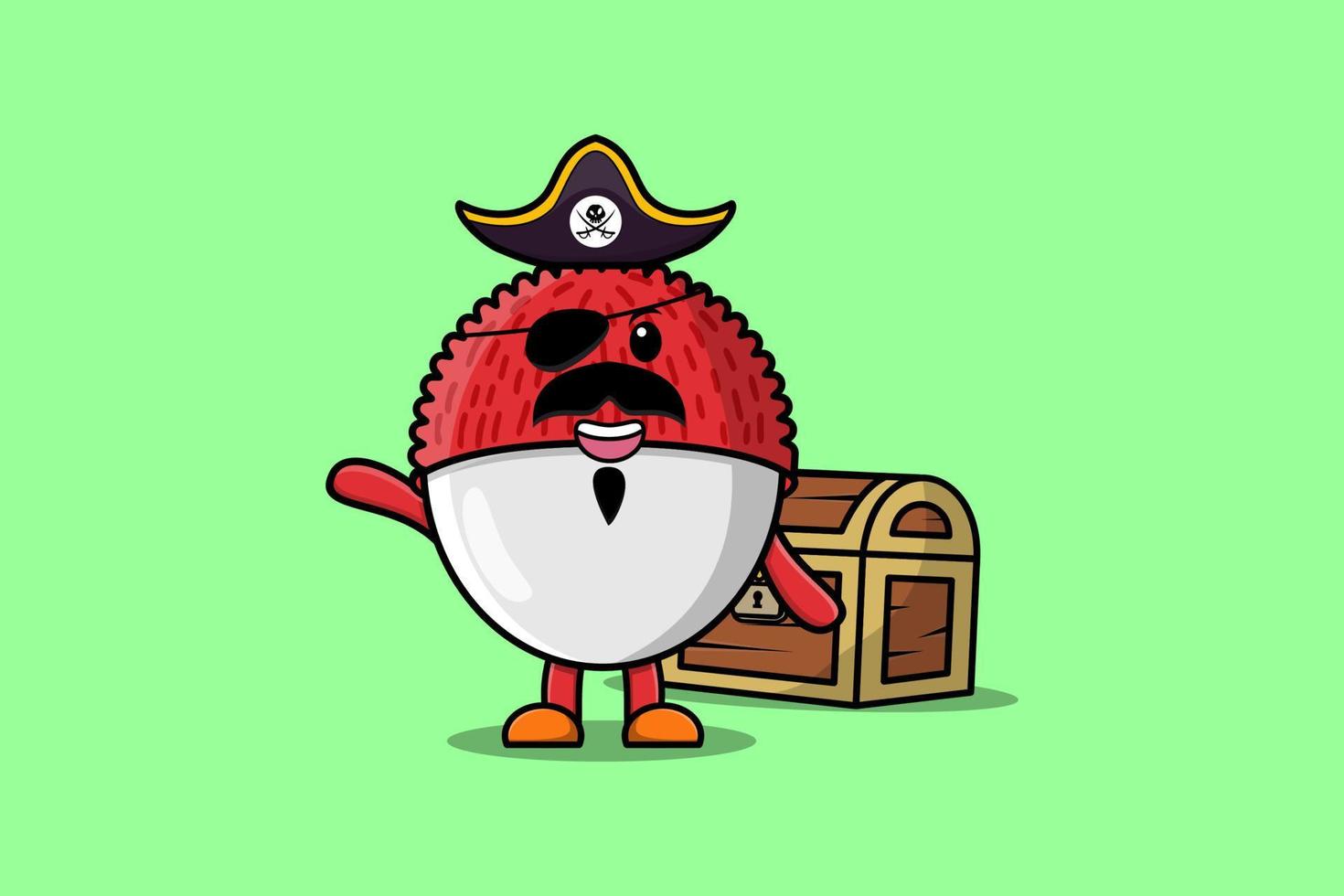 schattig tekenfilm lychee piraat met schat doos vector