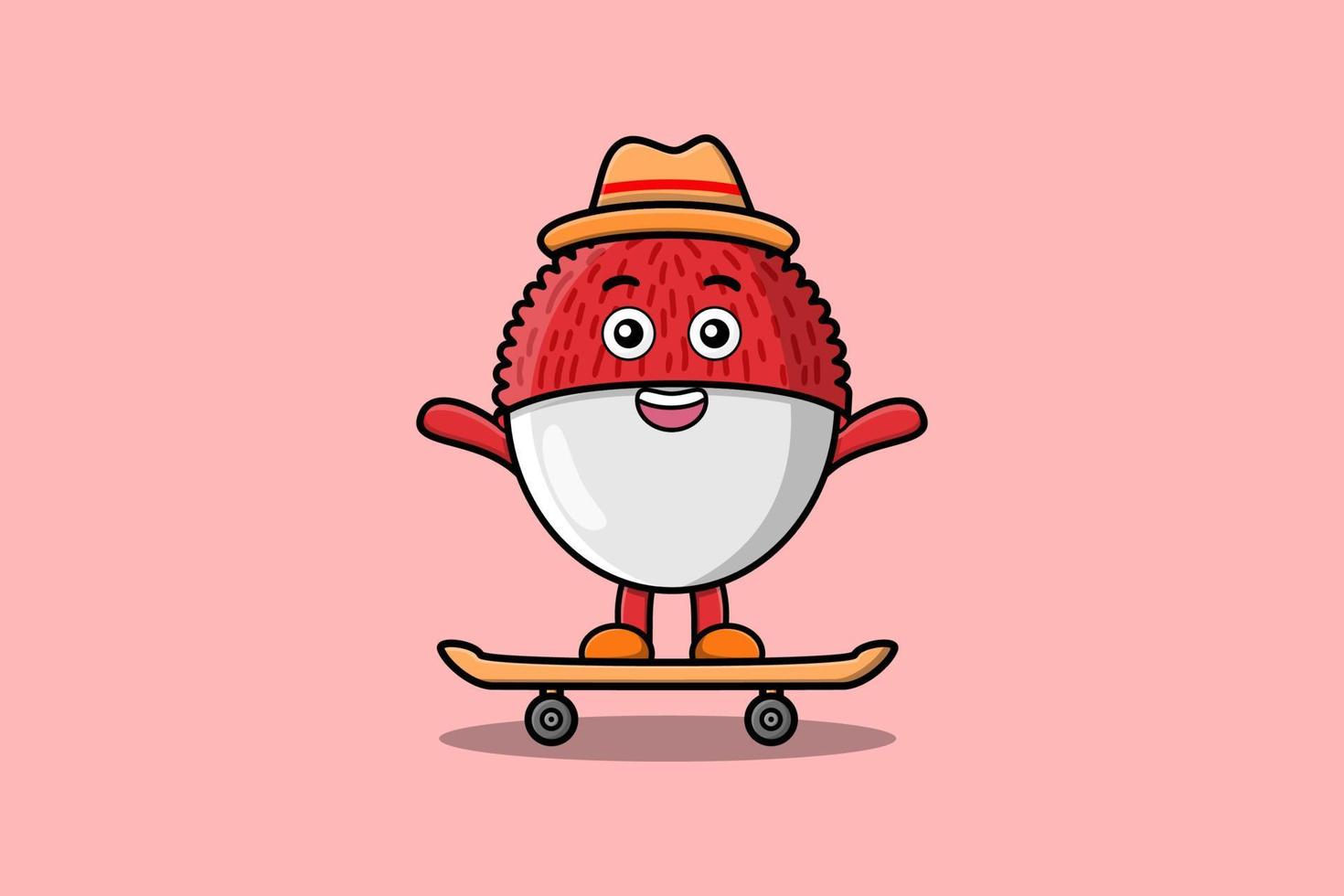 schattig tekenfilm lychee staand Aan skateboard vector