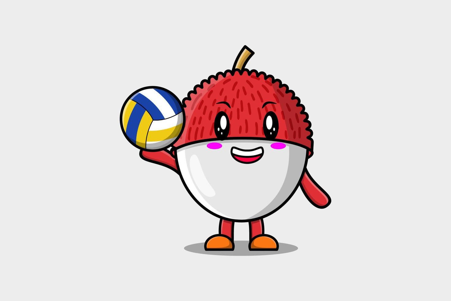 schattig tekenfilm lychee karakter spelen volleybal vector