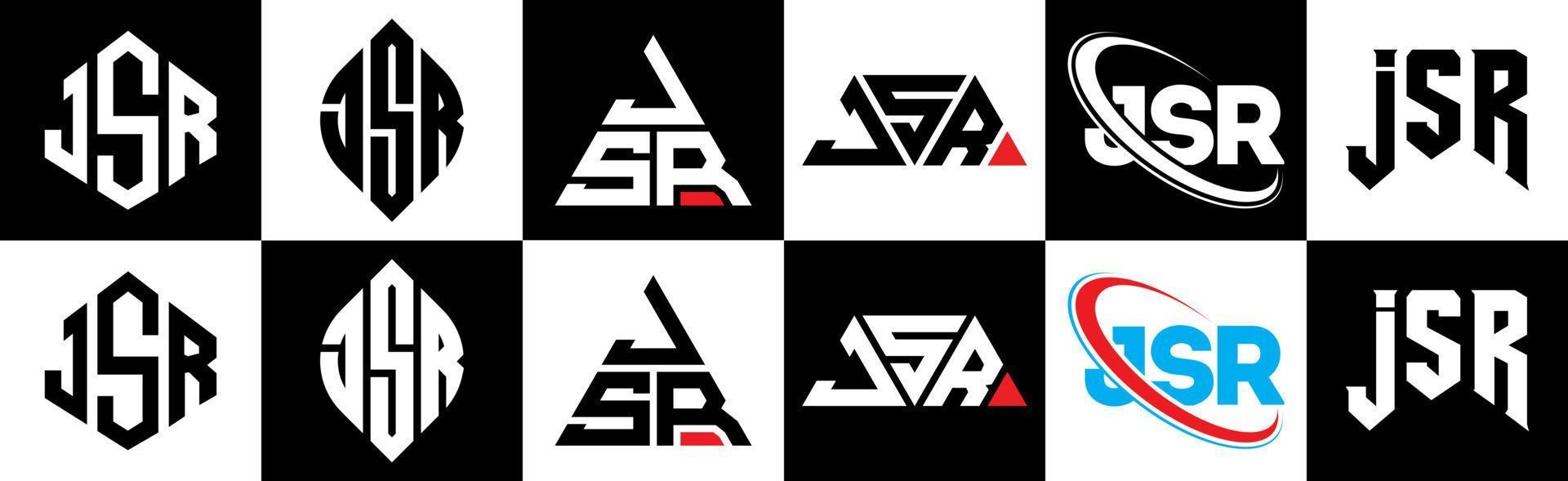 jsr brief logo ontwerp in zes stijl. jsr veelhoek, cirkel, driehoek, zeshoek, vlak en gemakkelijk stijl met zwart en wit kleur variatie brief logo reeks in een tekengebied. jsr minimalistische en klassiek logo vector