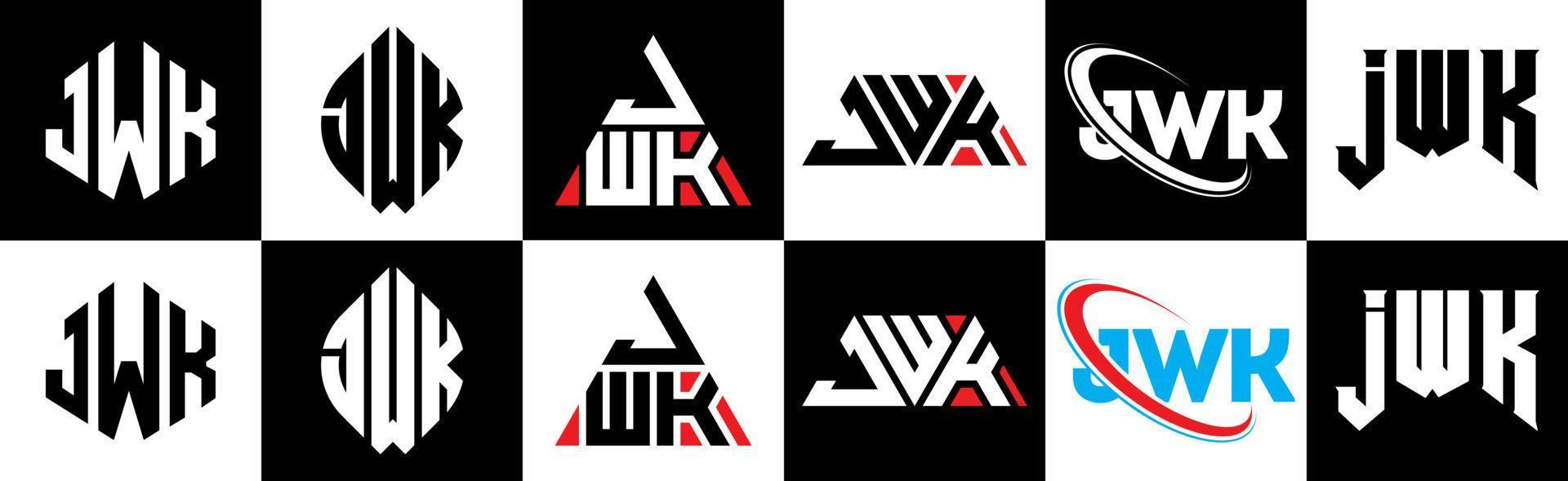 jwk brief logo ontwerp in zes stijl. jwk veelhoek, cirkel, driehoek, zeshoek, vlak en gemakkelijk stijl met zwart en wit kleur variatie brief logo reeks in een tekengebied. jwk minimalistische en klassiek logo vector